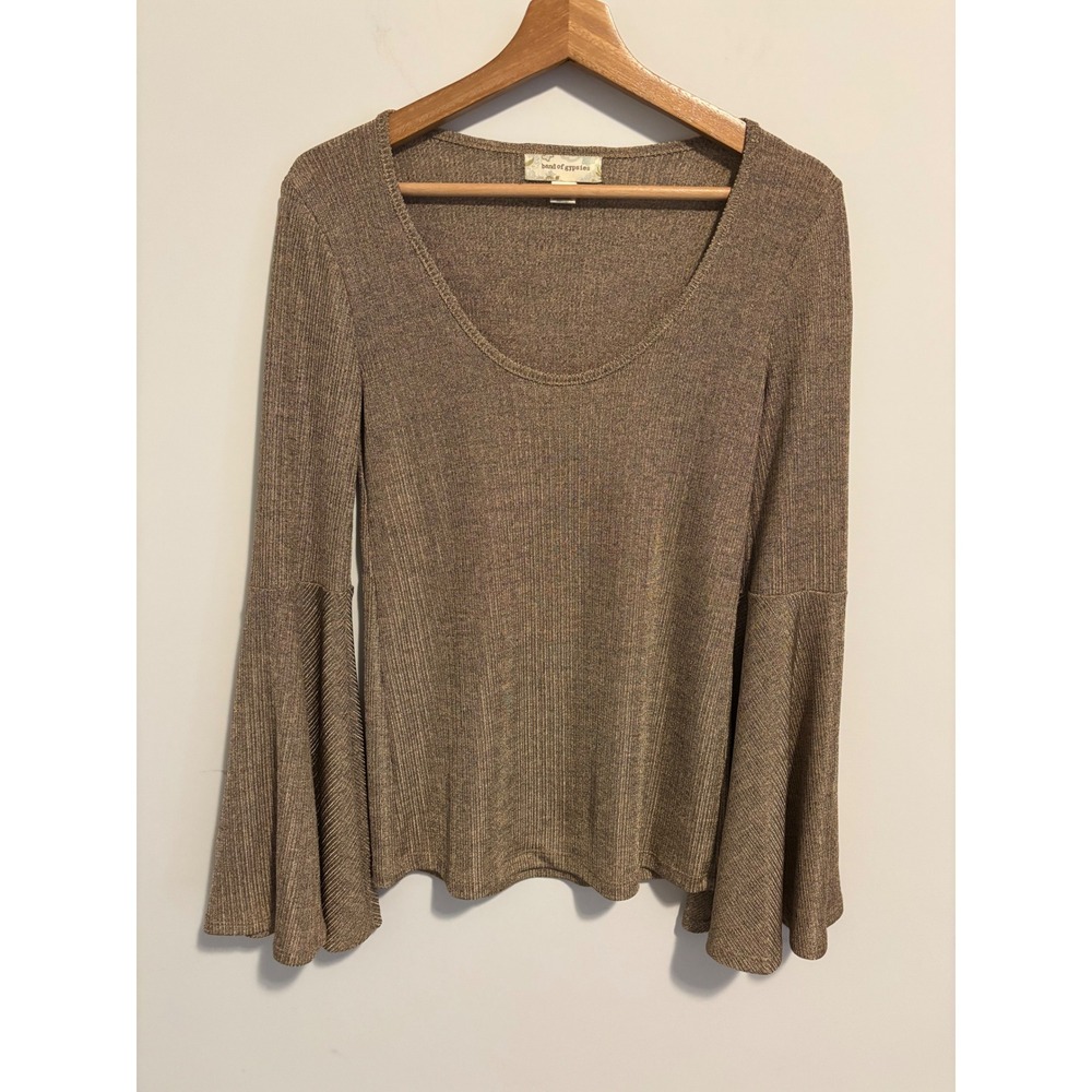 Band of Gypsies Gold Metallic Ribbed Bell Sleeve Scoop Neck Top Small